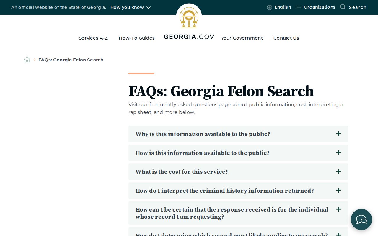 Georgia Felon Search FAQ explaining scope and fees