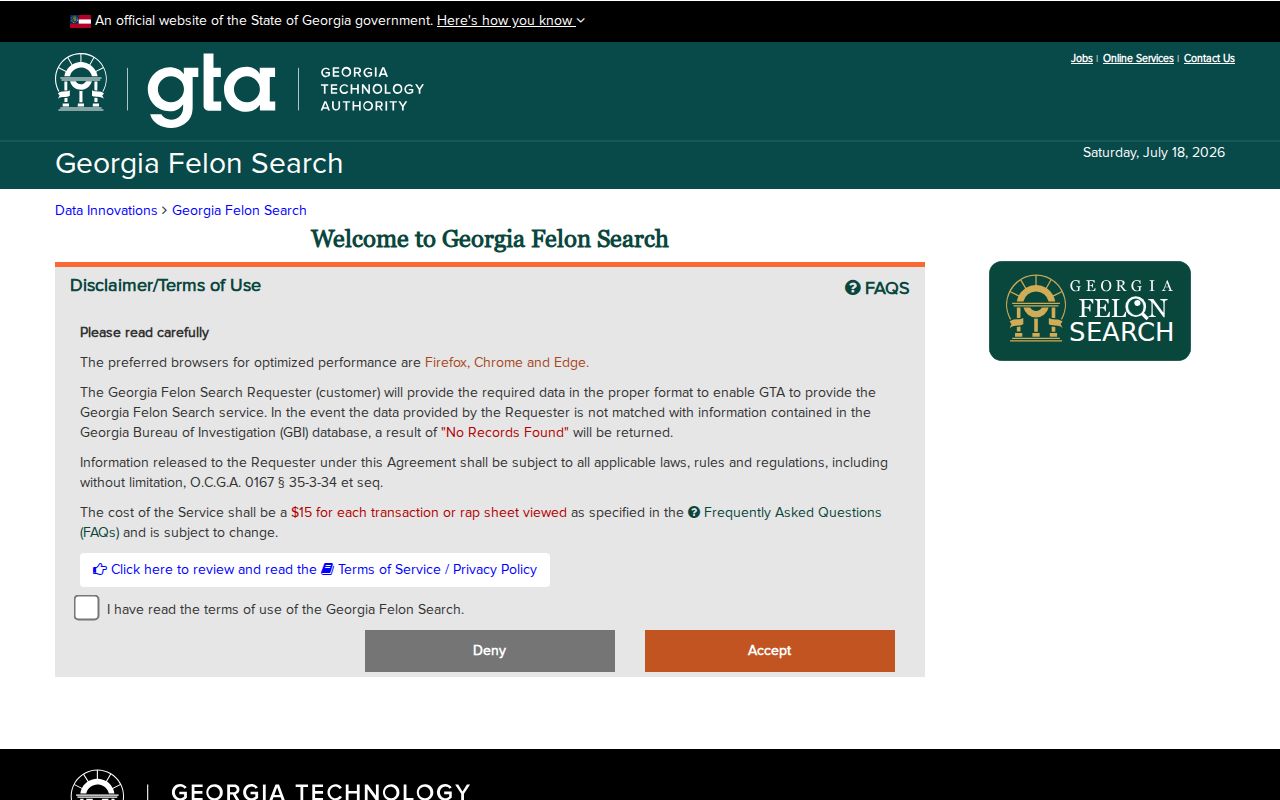 Georgia Felon Search official interface
