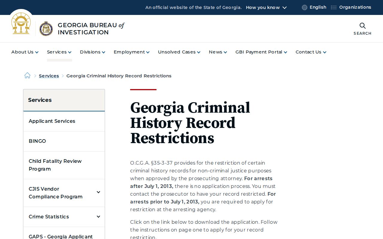 GBI Georgia criminal history record restriction forms page