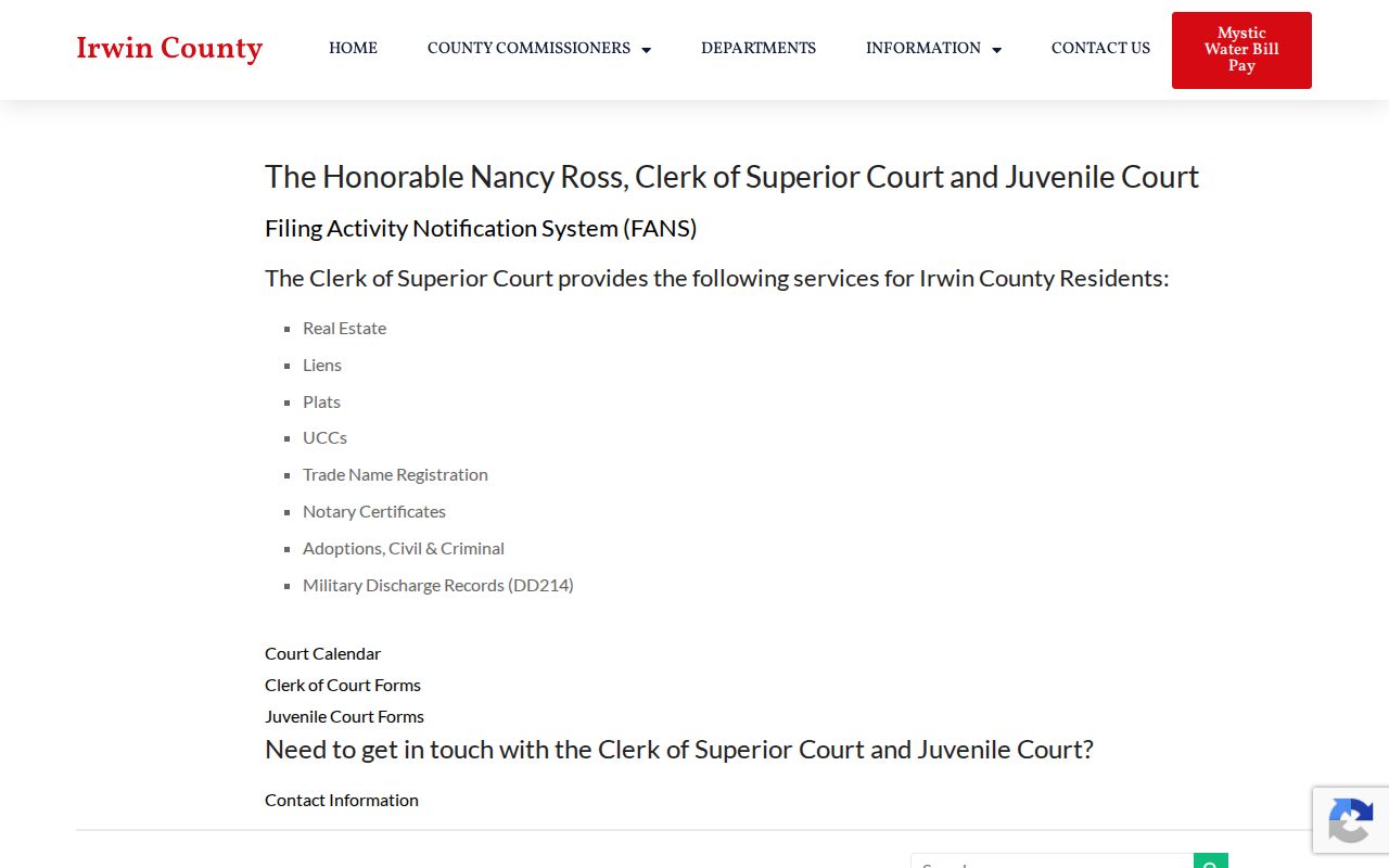 Irwin County Clerk of Superior Court criminal services page