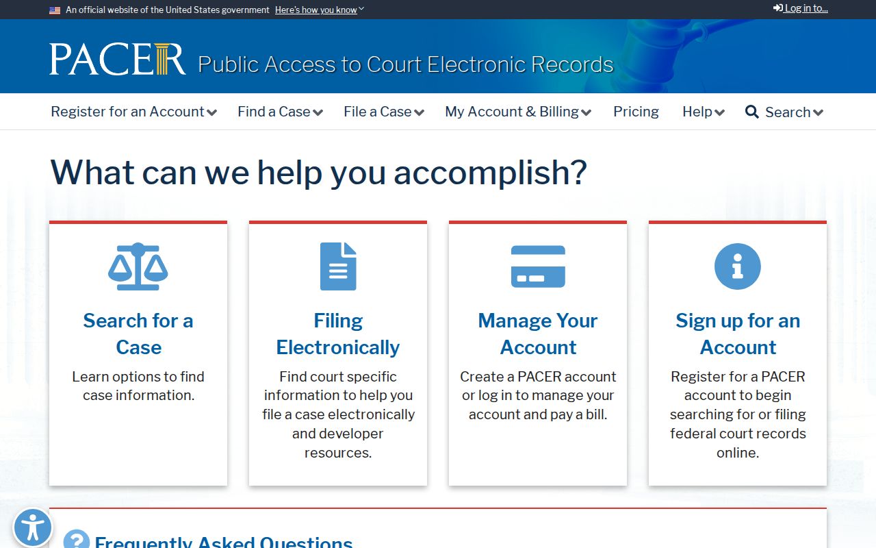 PACER official federal court records search page